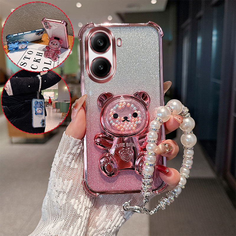 Oppo Tablet Accessories - Niedlicher Bären-Cartoon-Halter Perlen-Lanyard-Gurt Stoßfeste Glitzer-Handyhülle für